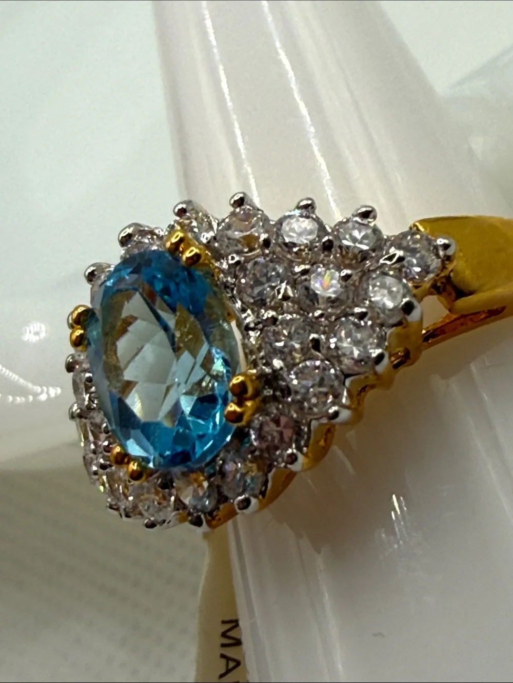 Vintage Blue Topaz Halo Cocktail Ring with Clear Accent CZ Stones plated piece